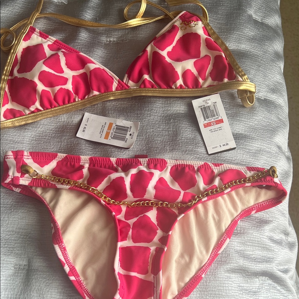 Guess Pink and Gold Patterned Triangle Bikini